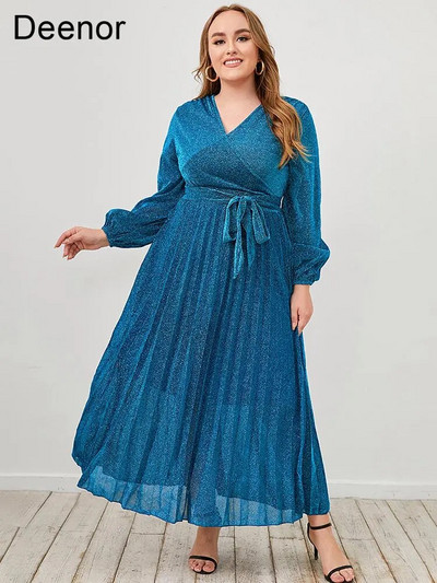 Рокля с голям размер Deenor Синя дълга елегантна рокля с V-образно деколте Модна дълга рокля Елегантни офис дамски рокли Drop Shipping