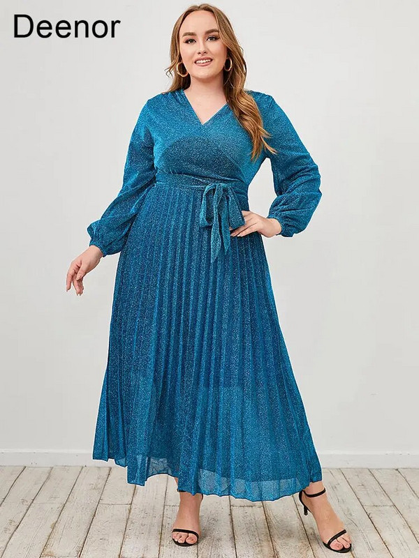 Φόρεμα Deenor Plus Size Μπλε με λαιμόκοψη V μακρύ κομψό φόρεμα μόδας μακρύ φόρεμα Κομψό γυναικεία φορέματα γραφείου Drop Shipping