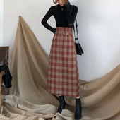 Duga vunena karirana suknja visokog struka za žene plus veličine Crvena topla vunena elegantna uredska dama Vintage suknja Jesen Zima Maxi suknje