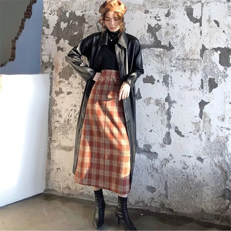 Duga vunena karirana suknja visokog struka za žene plus veličine Crvena topla vunena elegantna uredska dama Vintage suknja Jesen Zima Maxi suknje