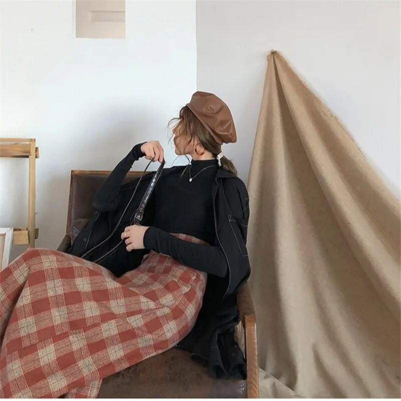 Duga vunena karirana suknja visokog struka za žene plus veličine Crvena topla vunena elegantna uredska dama Vintage suknja Jesen Zima Maxi suknje