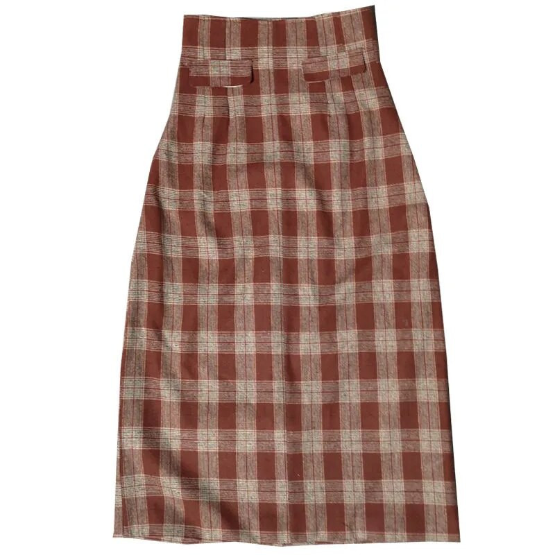 Duga vunena karirana suknja visokog struka za žene plus veličine Crvena topla vunena elegantna uredska dama Vintage suknja Jesen Zima Maxi suknje
