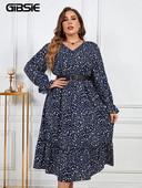 GIBSIE Plus Size Ditsy Floral Print ζωσμένο με βολάν φόρεμα με στρίφωμα Γυναικείο φθινόπωρο άνοιξη Boho με λαιμόκοψη με λαιμόκοψη μακριά φορέματα 2023