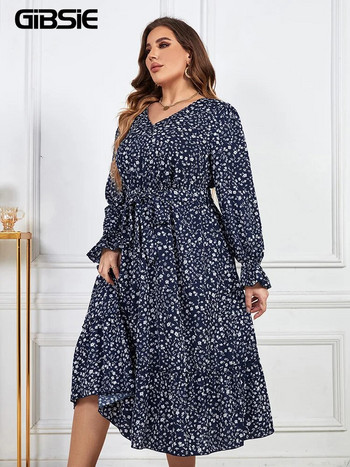 GIBSIE Plus Size Ditsy Floral Print ζωσμένο με βολάν φόρεμα με στρίφωμα Γυναικείο φθινόπωρο άνοιξη Boho με λαιμόκοψη με λαιμόκοψη μακριά φορέματα 2023