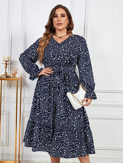 GIBSIE Plus Size Ditsy Floral Print ζωσμένο με βολάν φόρεμα με στρίφωμα Γυναικείο φθινόπωρο άνοιξη Boho με λαιμόκοψη με λαιμόκοψη μακριά φορέματα 2023