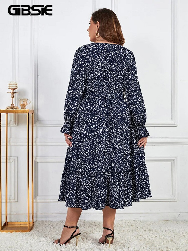 GIBSIE Plus Size Ditsy Floral Print ζωσμένο με βολάν φόρεμα με στρίφωμα Γυναικείο φθινόπωρο άνοιξη Boho με λαιμόκοψη με λαιμόκοψη μακριά φορέματα 2023