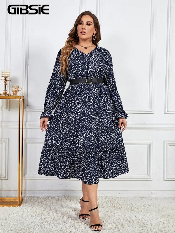 GIBSIE Plus Size Ditsy Floral Print ζωσμένο με βολάν φόρεμα με στρίφωμα Γυναικείο φθινόπωρο άνοιξη Boho με λαιμόκοψη με λαιμόκοψη μακριά φορέματα 2023