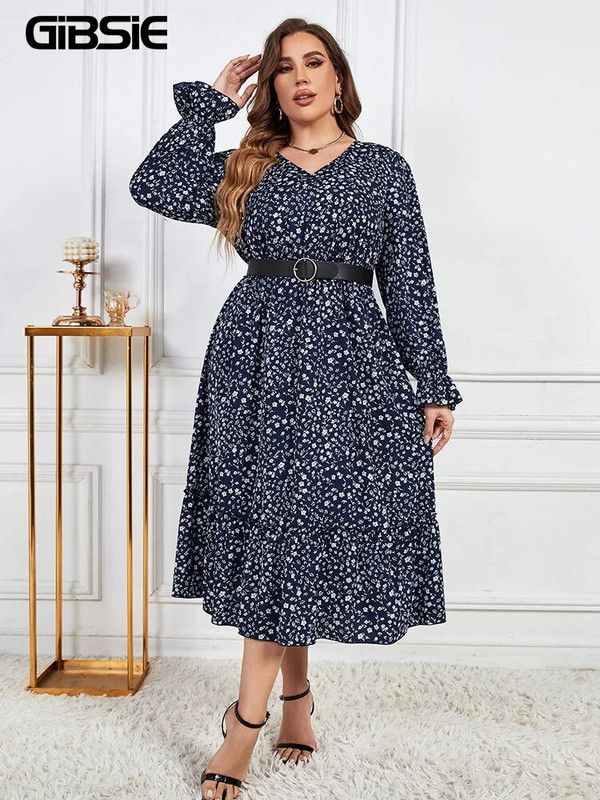 GIBSIE Plus Size Ditsy Floral Print ζωσμένο με βολάν φόρεμα με στρίφωμα Γυναικείο φθινόπωρο άνοιξη Boho με λαιμόκοψη με λαιμόκοψη μακριά φορέματα 2023