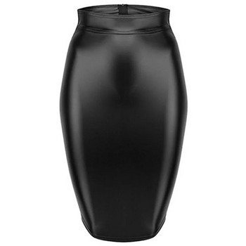 Дамска черна пола от PU кожа с дължина до коляното, дамски поли с цип и превръзка на гърба, плюс размер