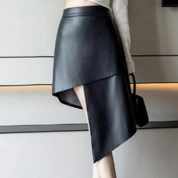 Γυναικεία κομψή μονόχρωμη PU ασύμμετρη σπαστή κοντή φούστα ψηλόμεση Κομψή φούστα κορεατικής μόδας Γλυκά καλοκαιρινά ρούχα