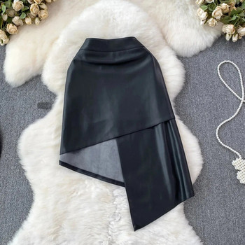 Дамска шикозна плътна PU асиметрична къса пола с висока талия Елегантна корейска модна пола с обвивка Сладко лятно облекло