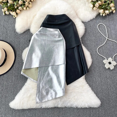 Дамска шикозна плътна PU асиметрична къса пола с висока талия Елегантна корейска модна пола с обвивка Сладко лятно облекло