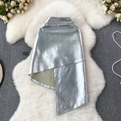 Ženska šik jednobojna PU asimetrična podijeljena kratka suknja visokog struka Elegantna korejska modna suknja s omotom slatka ljetna odjeća