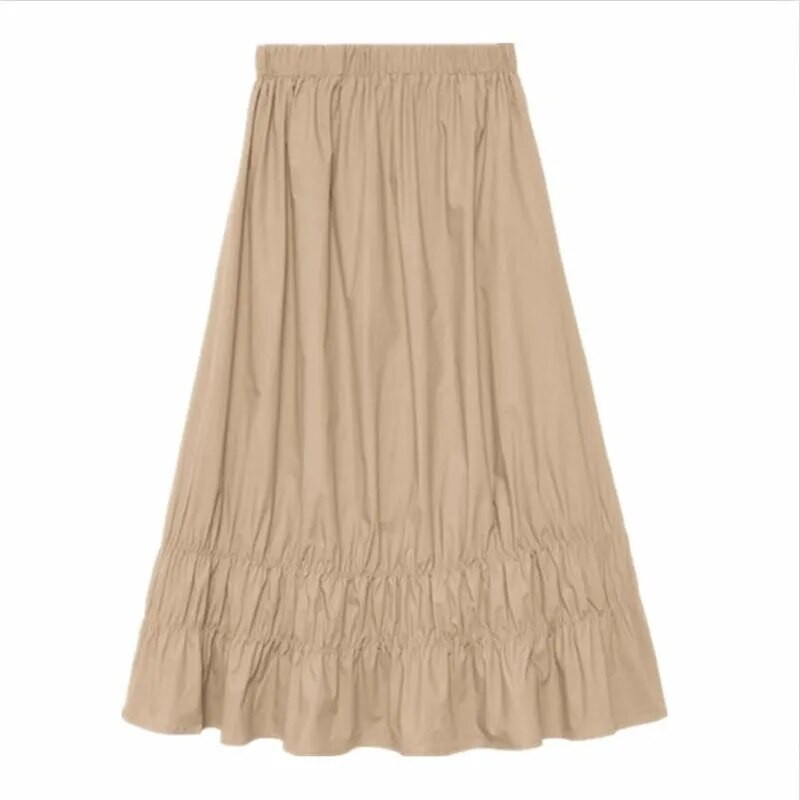 Υψηλή ελαστική μέση Γυναικείες φούστες Candy Χρώμα Μασίφ Άνετες Βαμβακερές μακριές φούστες Plus Size Ruffles Φούστες M-6XL 7XL Λευκό Χακί