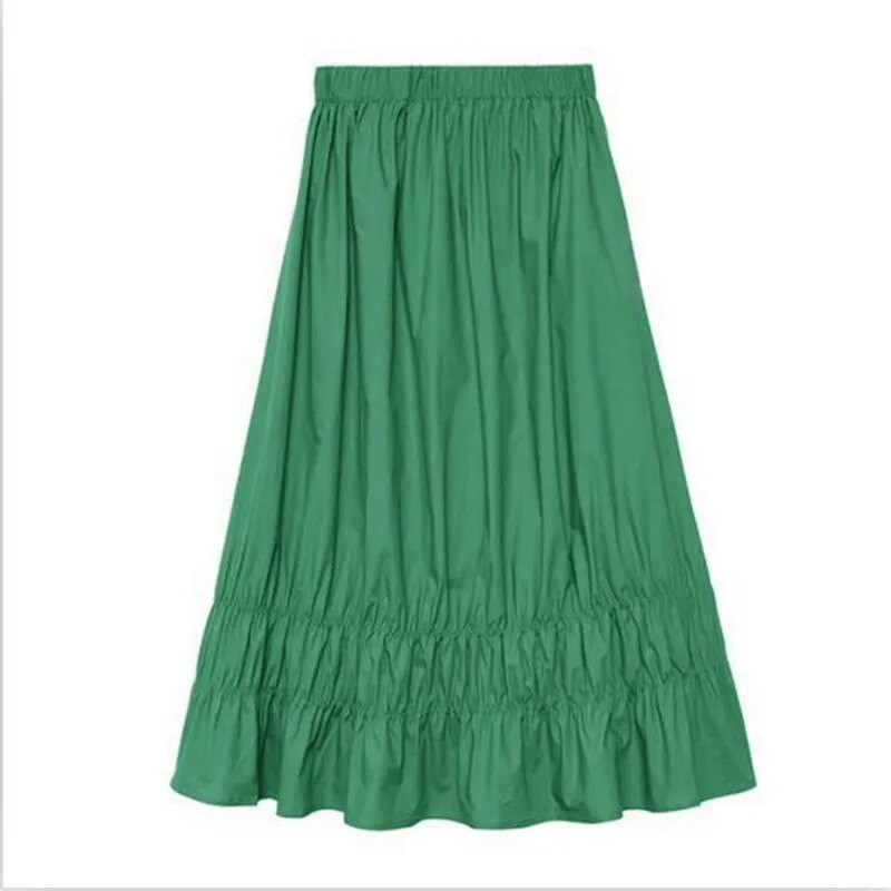Υψηλή ελαστική μέση Γυναικείες φούστες Candy Χρώμα Μασίφ Άνετες Βαμβακερές μακριές φούστες Plus Size Ruffles Φούστες M-6XL 7XL Λευκό Χακί