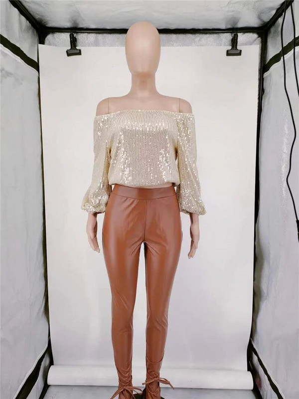 Μακρυμάνικο φανάρι με γκλίτερ γυναικεία πουκάμισα Σέξι παγιέτες σε λαιμόκοψη Μόδα μπλούζα Μαύρη κομψή γυναικεία ρούχα για πάρτι