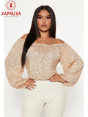 Sexy dámske jednofarebné tričká s patchworkovým dizajnom, flitrovaným dekorom a lomeným výstrihom, dlhým rukávom s lanternou, voľným pulóverom a krátkym topom