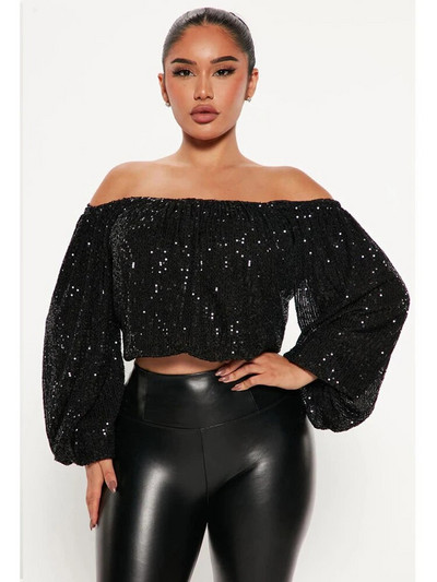 Sexy dámske jednofarebné tričká s patchworkovým dizajnom, flitrovaným dekorom a lomeným výstrihom, dlhým rukávom s lanternou, voľným pulóverom a krátkym topom