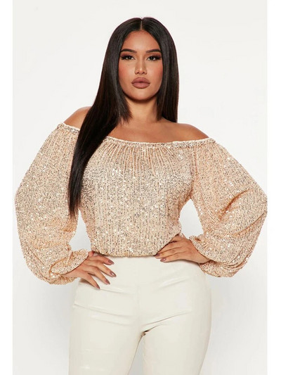 Sexy dámske jednofarebné tričká s patchworkovým dizajnom, flitrovaným dekorom a lomeným výstrihom, dlhým rukávom s lanternou, voľným pulóverom a krátkym topom