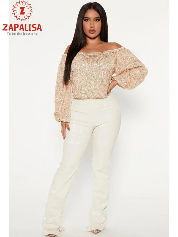 Sexy dámske jednofarebné tričká s patchworkovým dizajnom, flitrovaným dekorom a lomeným výstrihom, dlhým rukávom s lanternou, voľným pulóverom a krátkym topom