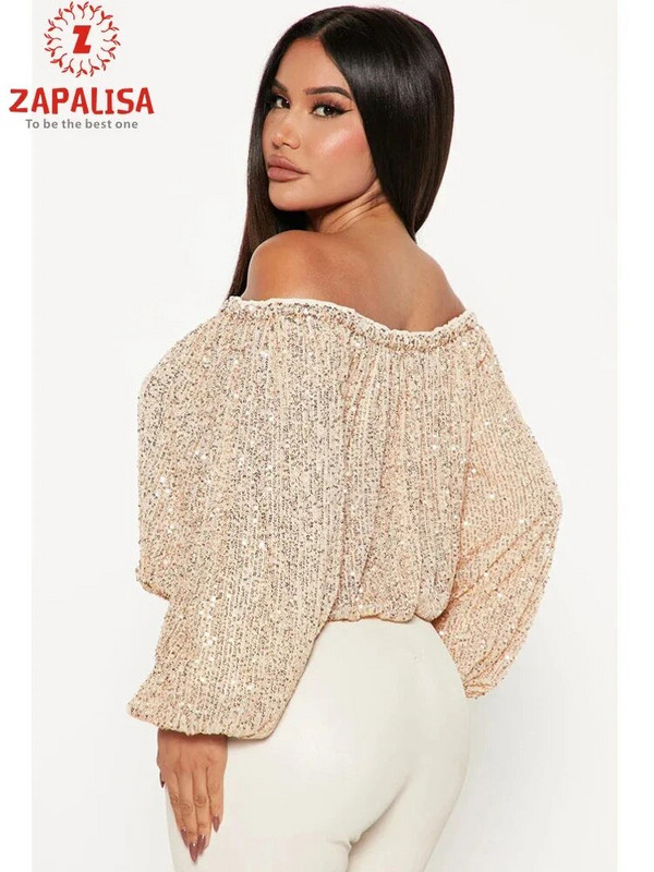 Sexy dámske jednofarebné tričká s patchworkovým dizajnom, flitrovaným dekorom a lomeným výstrihom, dlhým rukávom s lanternou, voľným pulóverom a krátkym topom