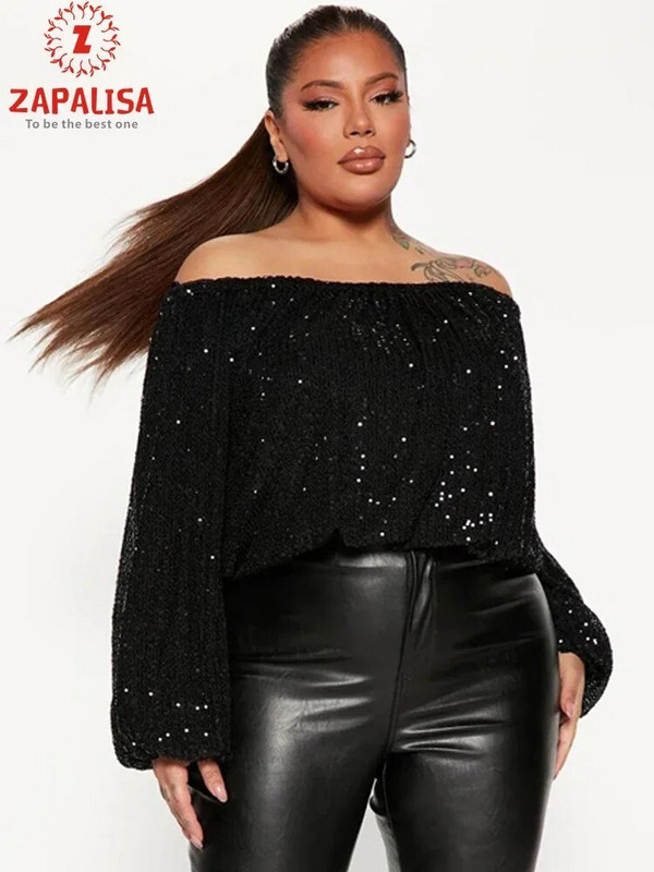 Sexy dámske jednofarebné tričká s patchworkovým dizajnom, flitrovaným dekorom a lomeným výstrihom, dlhým rukávom s lanternou, voľným pulóverom a krátkym topom