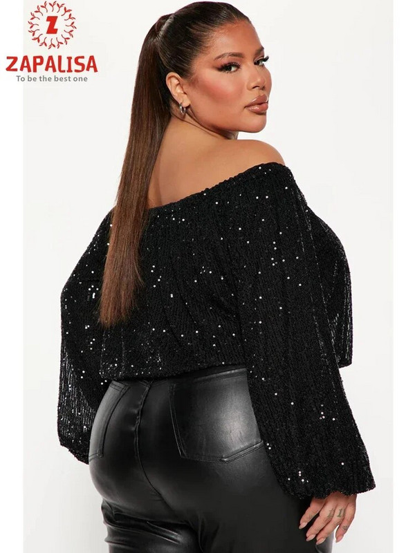 Sexy dámske jednofarebné tričká s patchworkovým dizajnom, flitrovaným dekorom a lomeným výstrihom, dlhým rukávom s lanternou, voľným pulóverom a krátkym topom