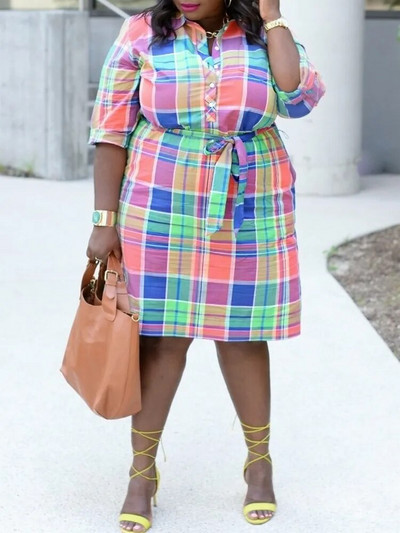 ZJFZML Γυναικεία Ρούχα ZZ Plus Size Rainbow καρό στάμπα γιακά με μισό μανίκι Μονό στήθος μέχρι το γόνατο Μίντι φορέματα