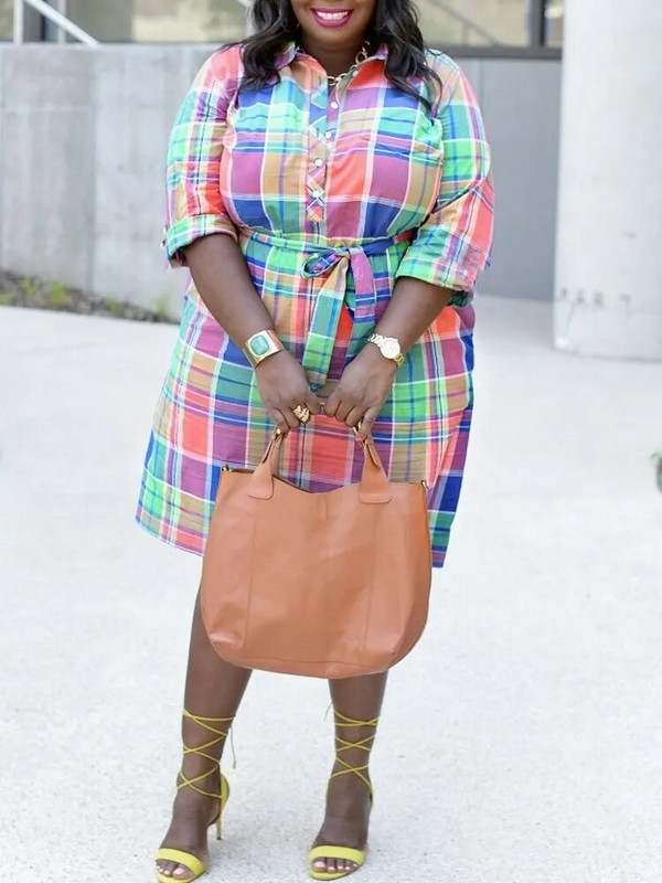 ZJFZML Γυναικεία Ρούχα ZZ Plus Size Rainbow καρό στάμπα γιακά με μισό μανίκι Μονό στήθος μέχρι το γόνατο Μίντι φορέματα