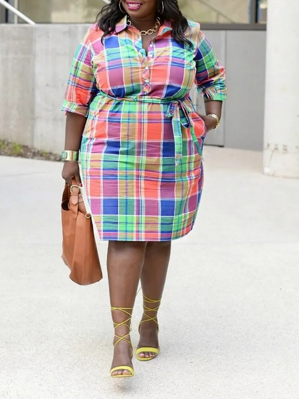 ZJFZML Γυναικεία Ρούχα ZZ Plus Size Rainbow καρό στάμπα γιακά με μισό μανίκι Μονό στήθος μέχρι το γόνατο Μίντι φορέματα