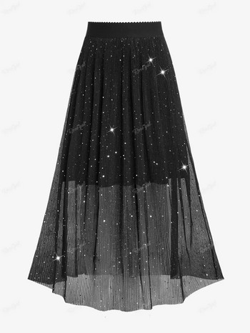 ROSEGAL Плюс размер Плисирана пола с пайети Дамски черни модни двуетажни поли с висока талия Дамски улични долнища