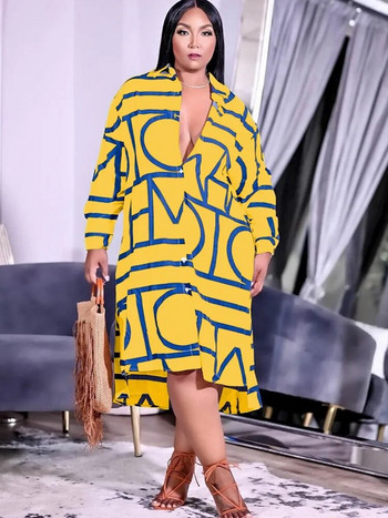 Ακανόνιστο γυναικείο πουκάμισο φόρεμα με μονόστηθο ολόσωμο μανίκι Mid Calf Fashion New Print Loose Street Style Casual 4XL Plus Size φόρεμα