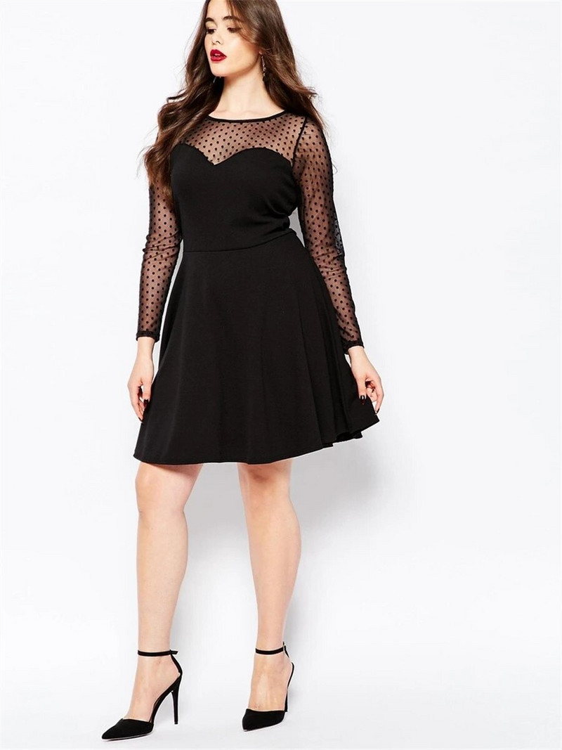 Κομψό Ανοιξιάτικο Φθινοπωρινό, Μακρύ Διχτυωτό Φόρεμα σε γραμμή Α, Κομψό, Γυναικείο Φόρεμα με κουκκίδα και με λαιμόκοψη, βραδινό φόρεμα γραφείου 8XL