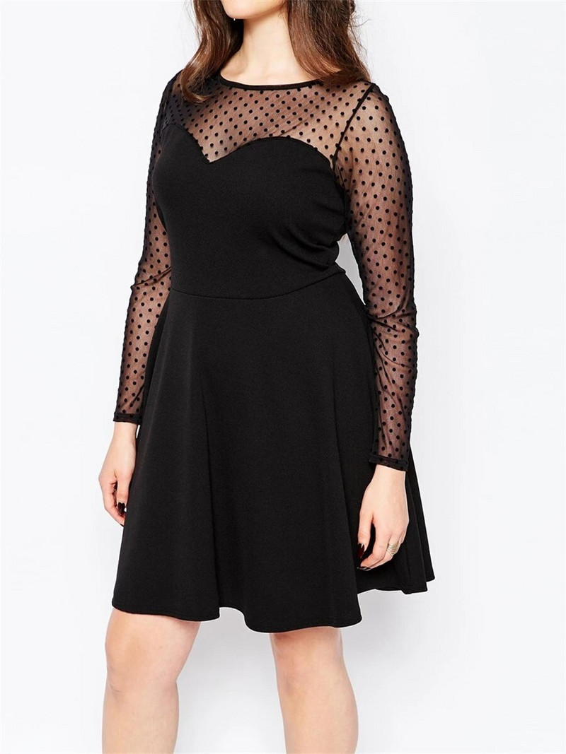 Κομψό Ανοιξιάτικο Φθινοπωρινό, Μακρύ Διχτυωτό Φόρεμα σε γραμμή Α, Κομψό, Γυναικείο Φόρεμα με κουκκίδα και με λαιμόκοψη, βραδινό φόρεμα γραφείου 8XL