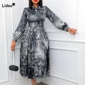 Ανοιξιάτικα φθινοπωρινά γυναικεία ρούχα εκτύπωσης με μακρυμάνικα φορέματα με φερμουάρ, Κομψά φύλλα γιακά που ανοίγουν προς τα κάτω Λεπτό μεσαίο φόρεμα