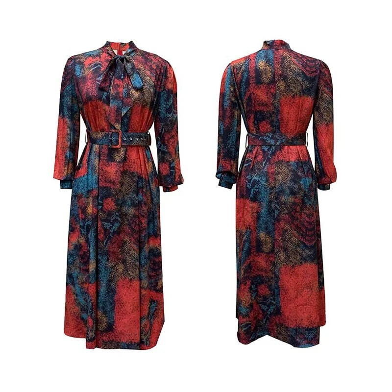 Ανοιξιάτικα φθινοπωρινά γυναικεία ρούχα εκτύπωσης με μακρυμάνικα φορέματα με φερμουάρ, Κομψά φύλλα γιακά που ανοίγουν προς τα κάτω Λεπτό μεσαίο φόρεμα