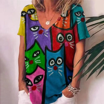2023 Υπερμεγέθη 3D μοτίβο γατάκι με στάμπα γυναικεία ρούχα στο δρόμο Καλοκαιρινό μπλουζάκι Casual Loose πουλόβερ με κοντό μανίκι Γυναικείο μπλουζάκι 5XL