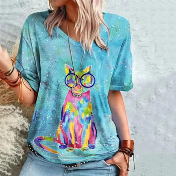 2023 Υπερμεγέθη 3D μοτίβο γατάκι με στάμπα γυναικεία ρούχα στο δρόμο Καλοκαιρινό μπλουζάκι Casual Loose πουλόβερ με κοντό μανίκι Γυναικείο μπλουζάκι 5XL