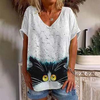 2023 Извънгабаритна дамска лятна тениска с отпечатан 3D модел на котенца Ежедневен свободен пуловер с къс ръкав Дамско горнище 5XL