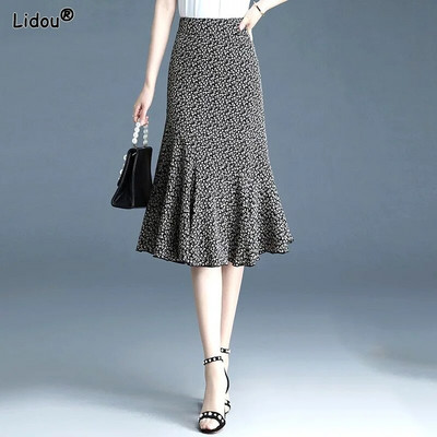 Ασύμμετρη πλισέ ψηλή μέση Τρομπέτα Γοργόνα Φούστες μέχρι το γόνατο με κουκκίδες Άνοιξη Καλοκαίρι Λεπτά γυναικεία ρούχα