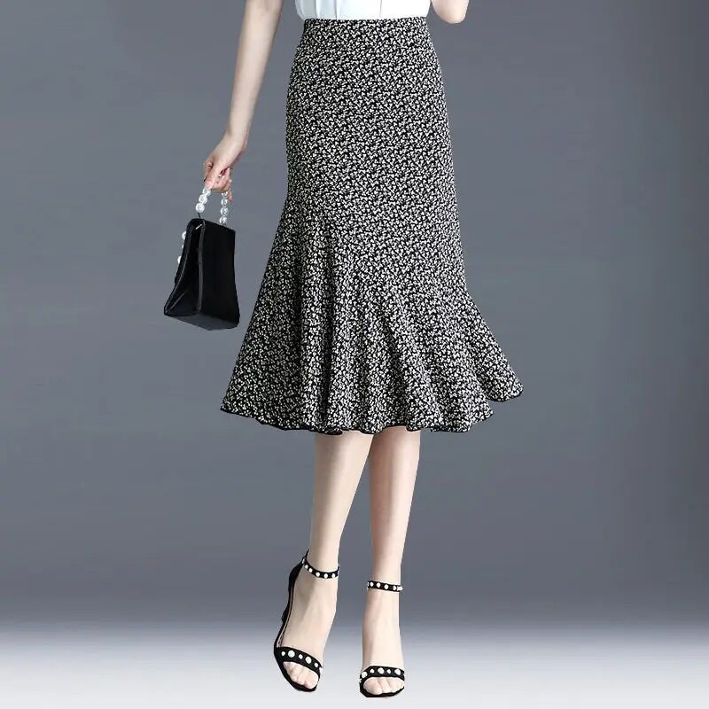 Ασύμμετρη πλισέ ψηλή μέση Τρομπέτα Γοργόνα Φούστες μέχρι το γόνατο με κουκκίδες Άνοιξη Καλοκαίρι Λεπτά γυναικεία ρούχα