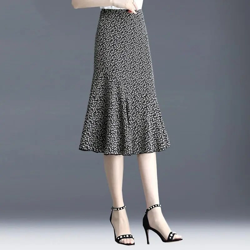 Ασύμμετρη πλισέ ψηλή μέση Τρομπέτα Γοργόνα Φούστες μέχρι το γόνατο με κουκκίδες Άνοιξη Καλοκαίρι Λεπτά γυναικεία ρούχα