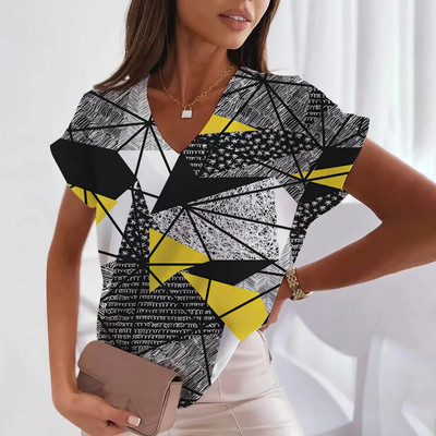 Tricou cu decolteu în V Moda 3d Transparentă Y2k alb-negru cu carouri Îmbrăcăminte ocazională de vară cu mânecă scurtă Tricou clasic liber drăguț pentru femei Top