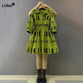 Korejska suknja s kišobranom s donjim ovratnikom i tiskanim slovima, modna ljetna odjeća velikih veličina za žene, mini haljine do struka