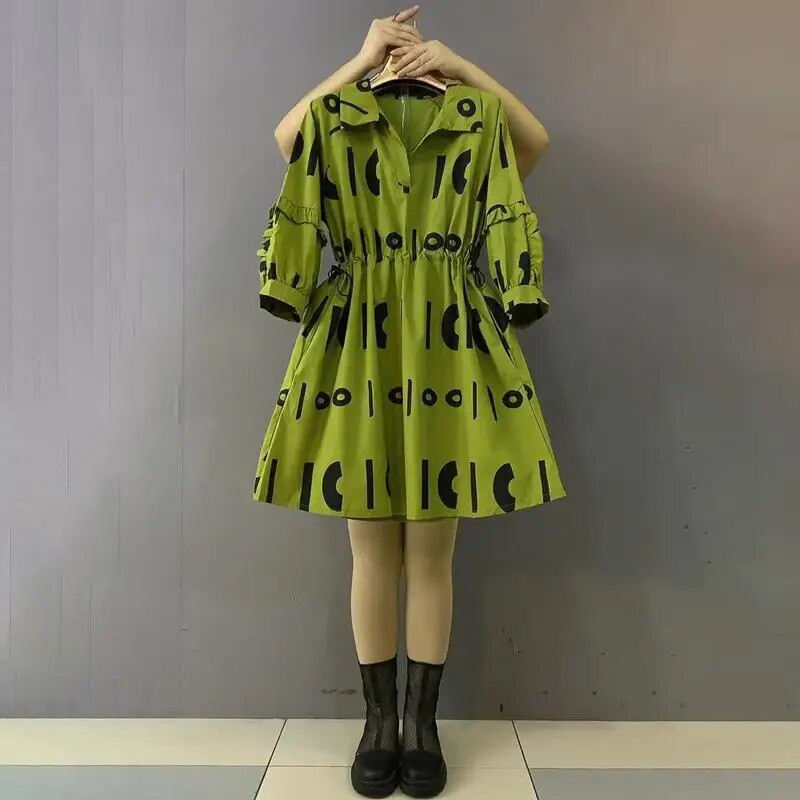 Korejska suknja s kišobranom s donjim ovratnikom i tiskanim slovima, modna ljetna odjeća velikih veličina za žene, mini haljine do struka