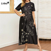 Ljetna ženska odjeća velikih veličina O-izrez Sunce Star širokih džepova Grafiti Europska i američka crna ležerna duga majica haljina