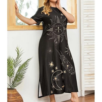 Летни дамски дрехи с големи размери О-образно деколте Слънчева звезда Свободни джобове Графити Европейска и американска черна ежедневна дълга рокля с тениска