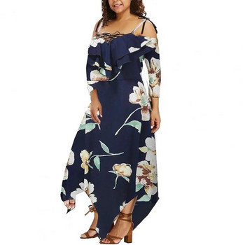 Дамска рокля с големи размери лято 2023 г. Широка миди рокля от шифон на цветя с отворени рамене и връзки отпред с неправилен подгъв