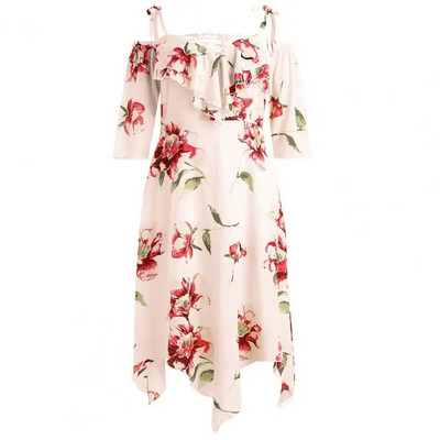 Ženska haljina veće veličine, ljeto 2023., široka midi haljina od cvjetnog šifona s otvorenim ramenima i vezanjem sprijeda s nepravilnim rubom