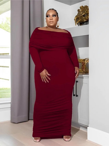 Плюс размер Есенна дълга рокля Дамска модна облегалка с отворени рамене Секси плисирани дамски рокли Дамска рокля с дълъг ръкав 2023 г.